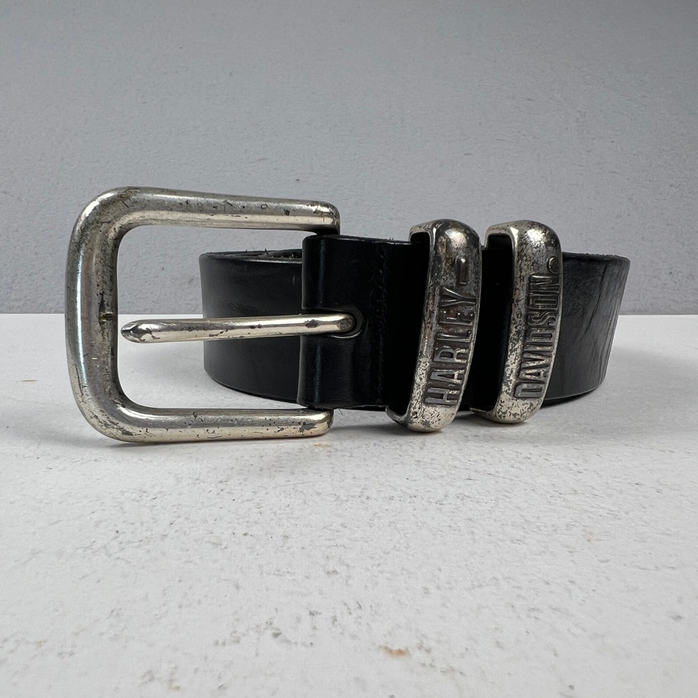 Harley-Davidson Leather Belt Mens 40 Black Silver Buckle Biker Moto USA Made